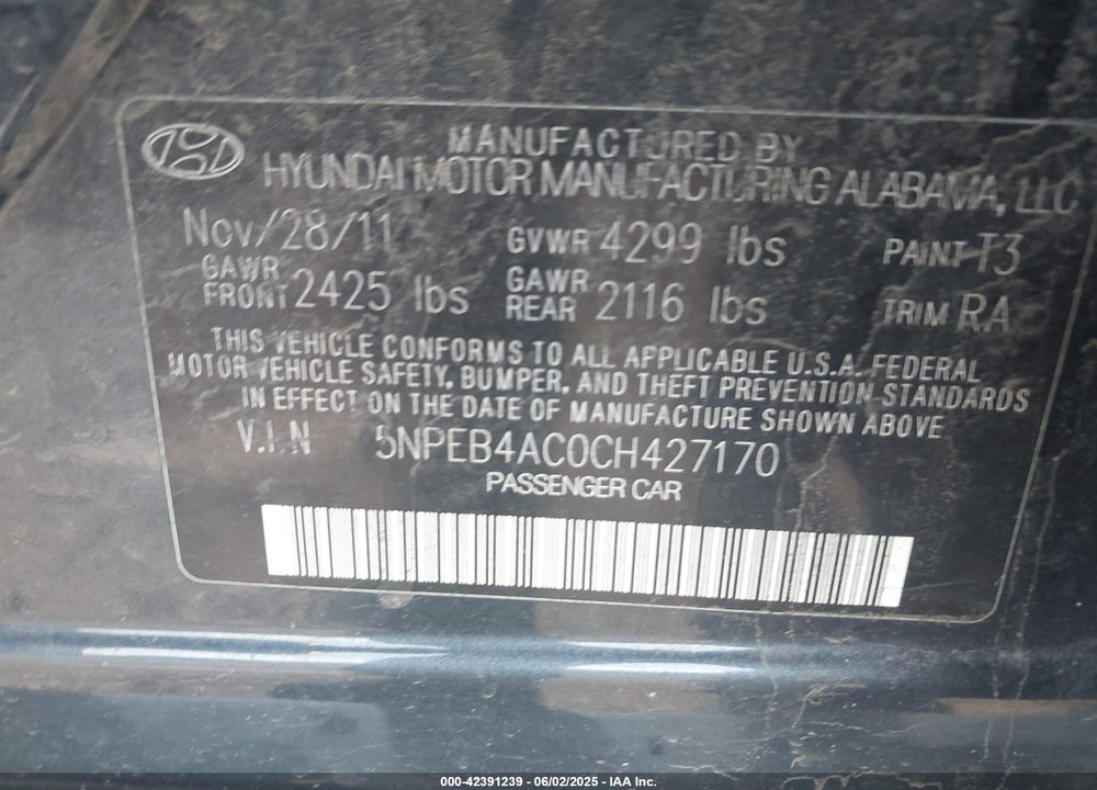 2012 HYUNDAI SONATA GLS VIN: 5NPEB4AC0CH427170