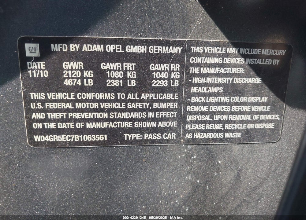 2011 BUICK REGAL CXL RUSSELSHEIM VIN: W04GR5EC7B1063561