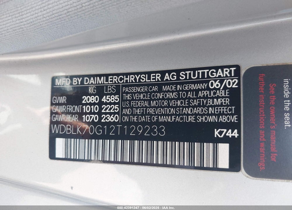 2002 MERCEDES-BENZ CLK 430 VIN: WDBLK70G12T129233