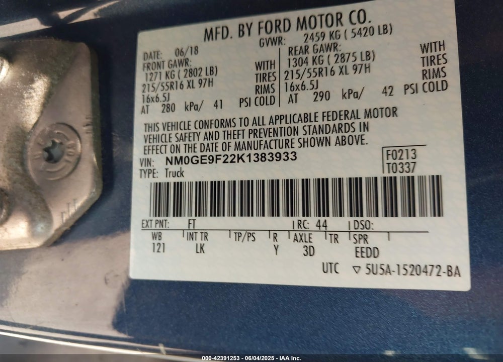 2019 FORD TRANSIT CONNECT XLT VIN: NM0GE9F22K1383933