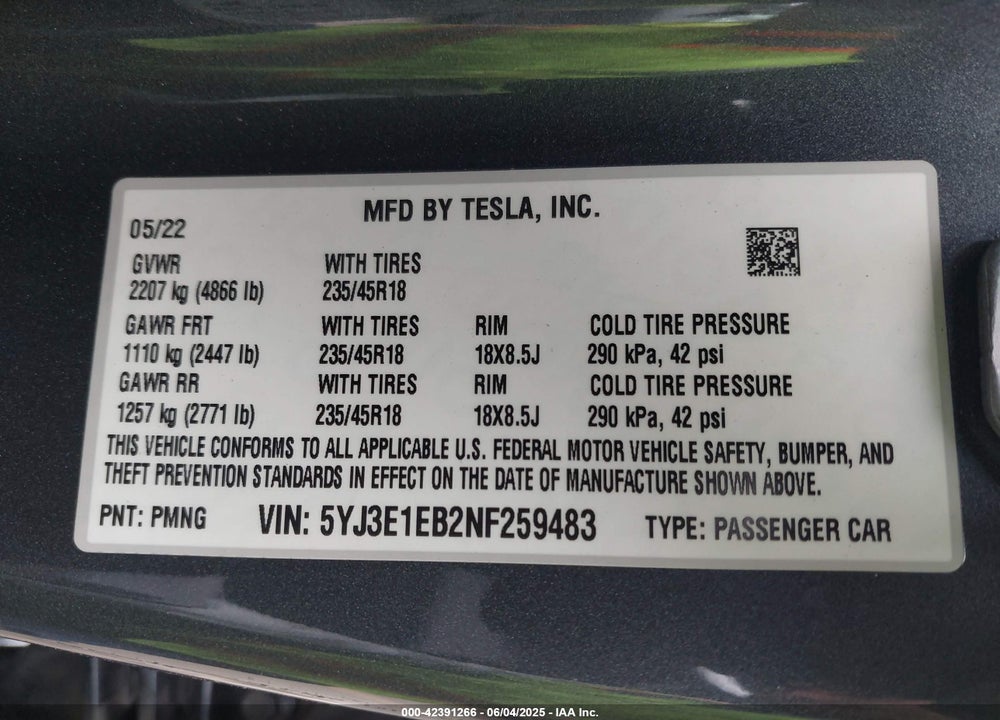 2022 TESLA MODEL 3 LONG RANGE DUAL MOTOR ALL-WHEEL DRIVE VIN: 5YJ3E1EB2NF259483