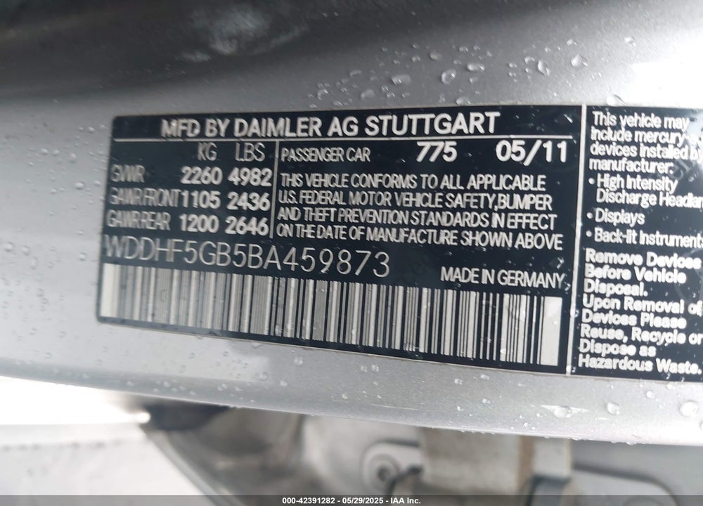 2011 MERCEDES-BENZ E 350 VIN: WDDHF5GB5BA459873