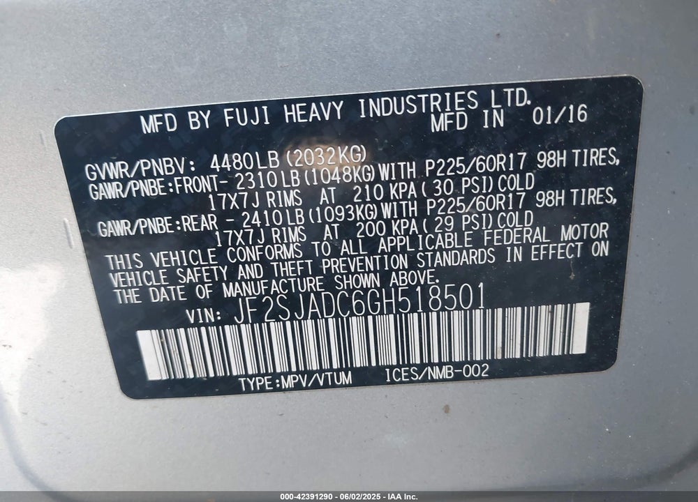 2016 SUBARU FORESTER 2.5I PREMIUM VIN: JF2SJADC6GH518501