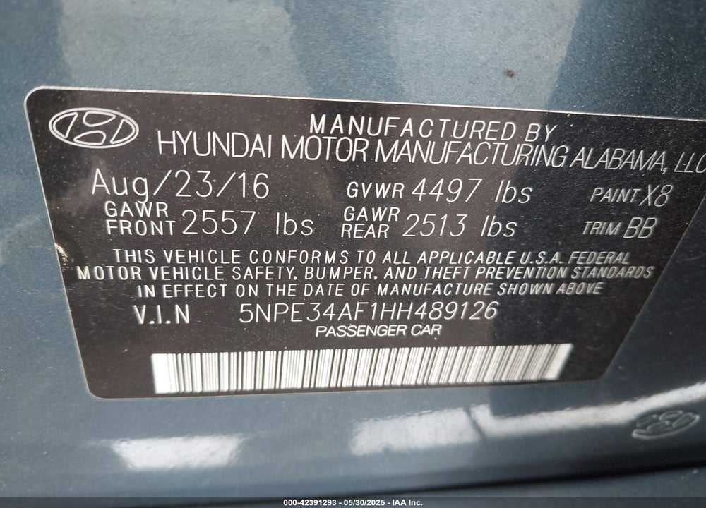 2017 HYUNDAI SONATA VIN: 5NPE34AF1HH489126