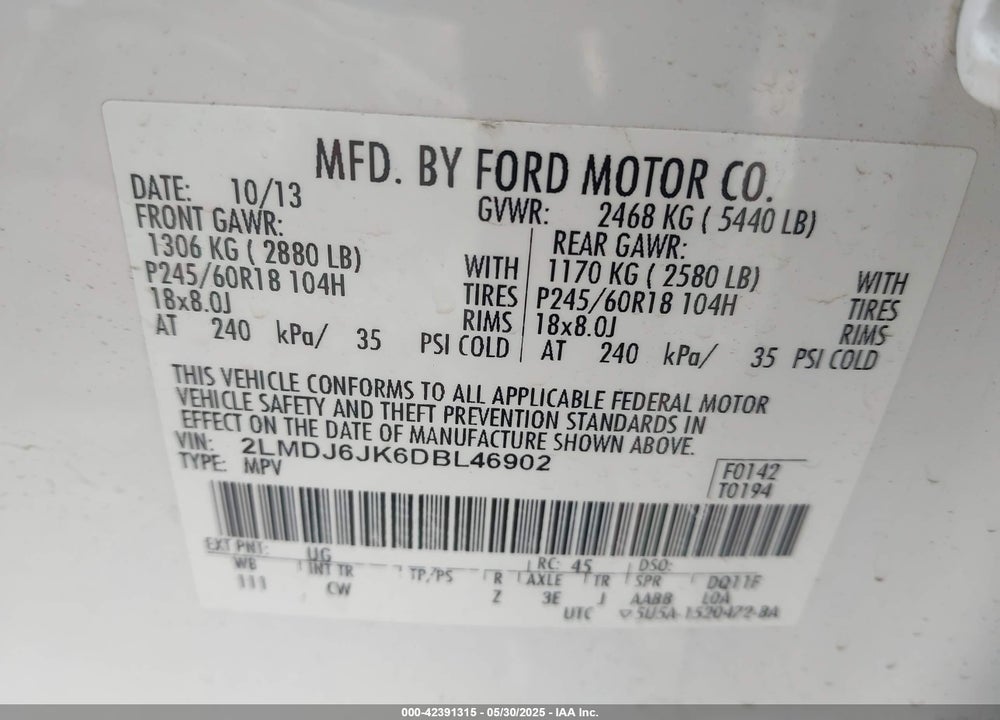 2013 LINCOLN MKX VIN: 2LMDJ6JK6DBL46902