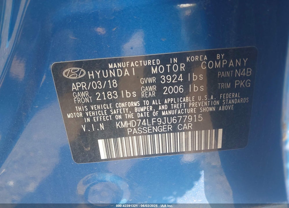2018 HYUNDAI ELANTRA VIN: KMHD74LF9JU677915