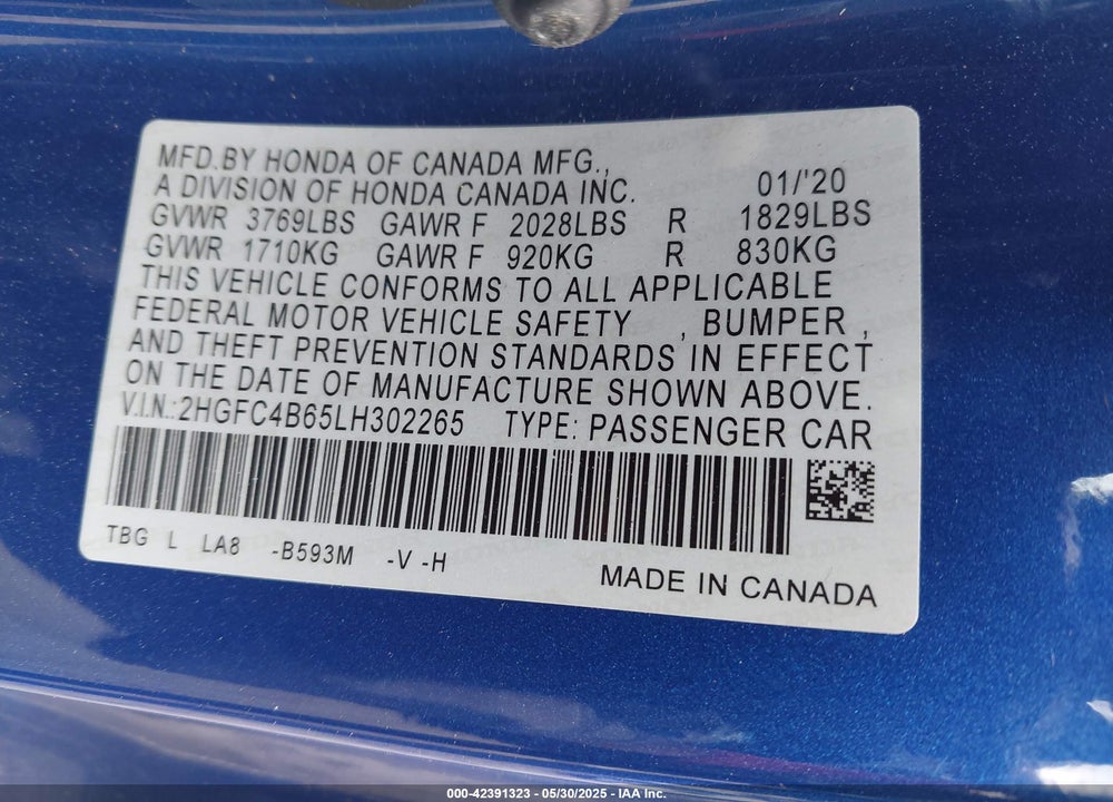 2020 HONDA CIVIC VIN: 2HGFC4B65LH302265