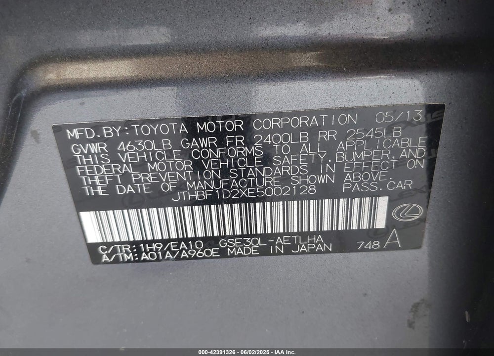 2014 LEXUS IS VIN: JTHBF1D2XE5002128
