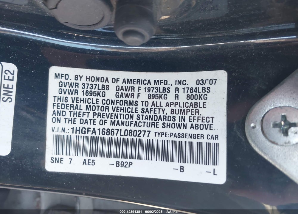 2007 HONDA CIVIC EX VIN: 1HGFA16867L080277