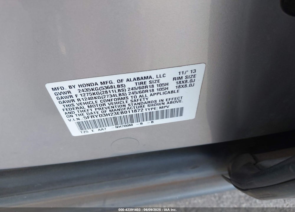 2014 ACURA MDX VIN: 5FRYD3H23EB011872