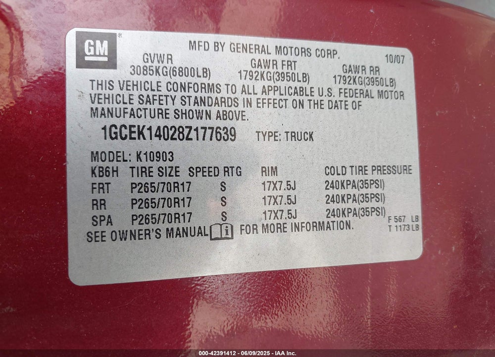 2008 CHEVROLET SILVERADO 1500 LT1 VIN: 1GCEK14028Z177639