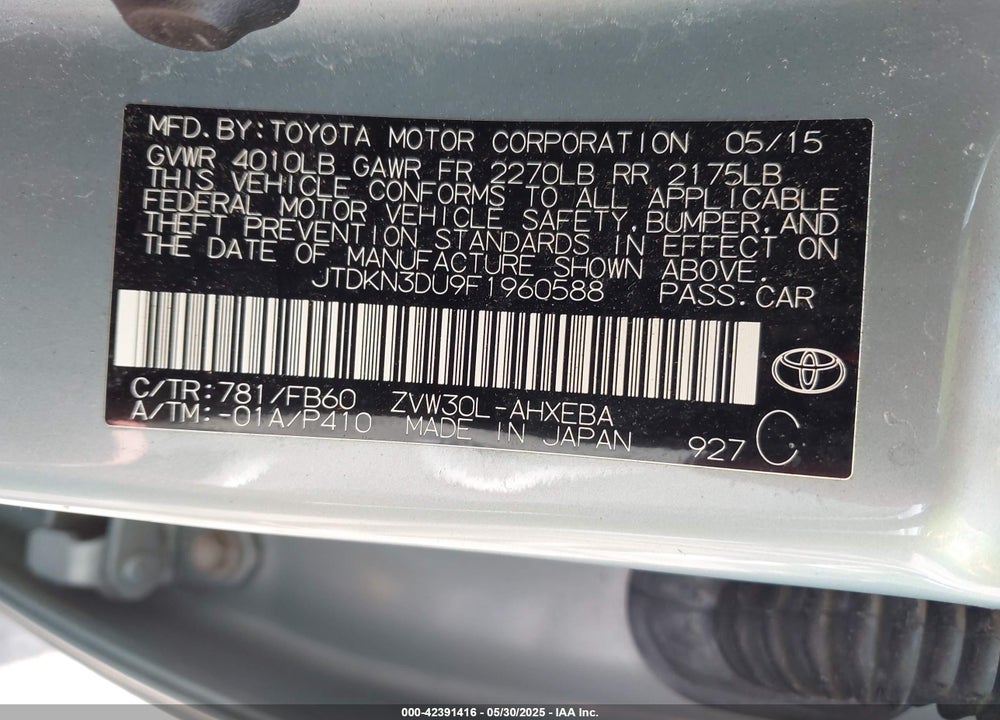 2015 TOYOTA PRIUS VIN: JTDKN3DU9F1960588