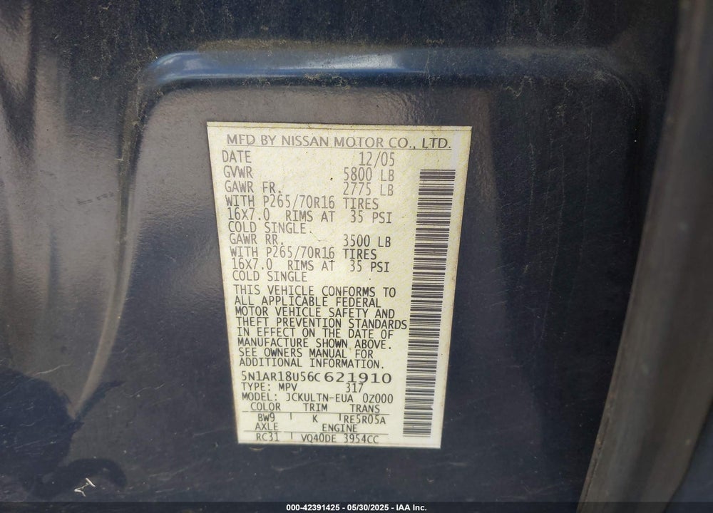 2006 NISSAN PATHFINDER SE VIN: 5N1AR18U56C621910