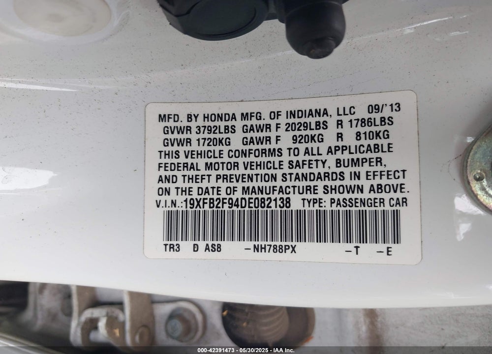 2013 HONDA CIVIC VIN: 19XFB2F94DE082138
