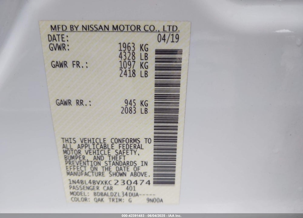 2019 NISSAN ALTIMA 2.5 S VIN: 1N4BL4BVXKC230474
