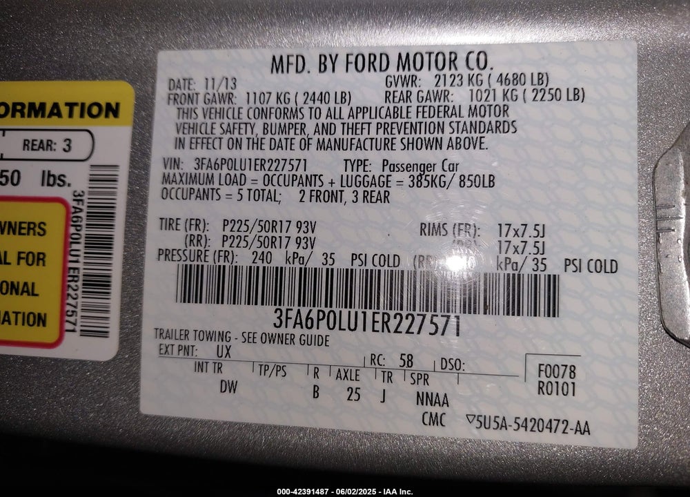 2014 FORD FUSION VIN: 3FA6P0LU1ER227571