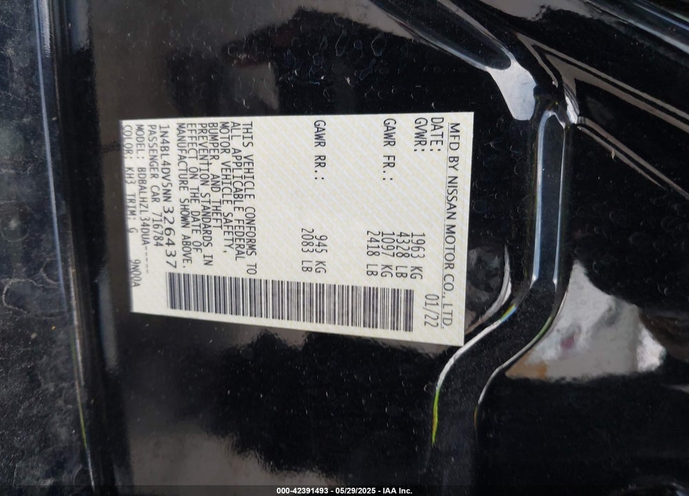 2022 NISSAN ALTIMA SV FWD VIN: 1N4BL4DV5NN326437