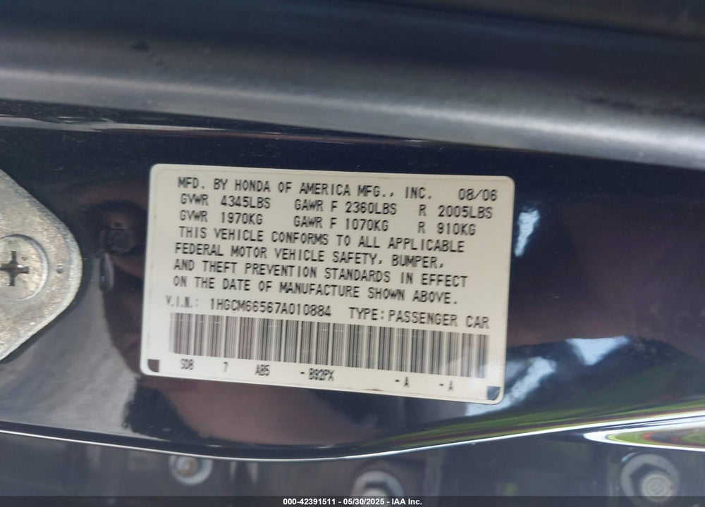 2007 HONDA ACCORD 3.0 EX VIN: 1HGCM66567A010884