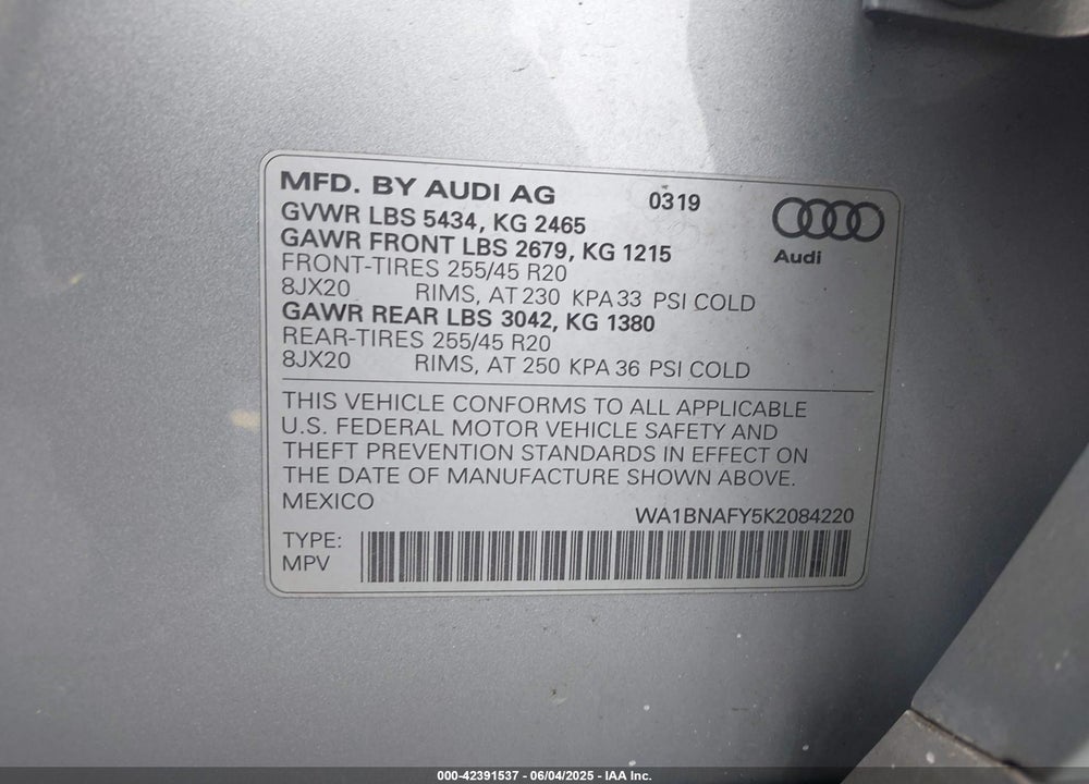 2019 AUDI Q5 45 PREMIUM VIN: WA1BNAFY5K2084220