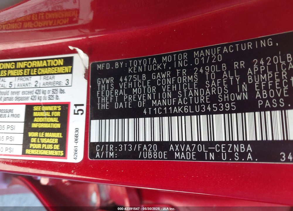 2020 TOYOTA CAMRY LE VIN: 4T1C11AK6LU345395