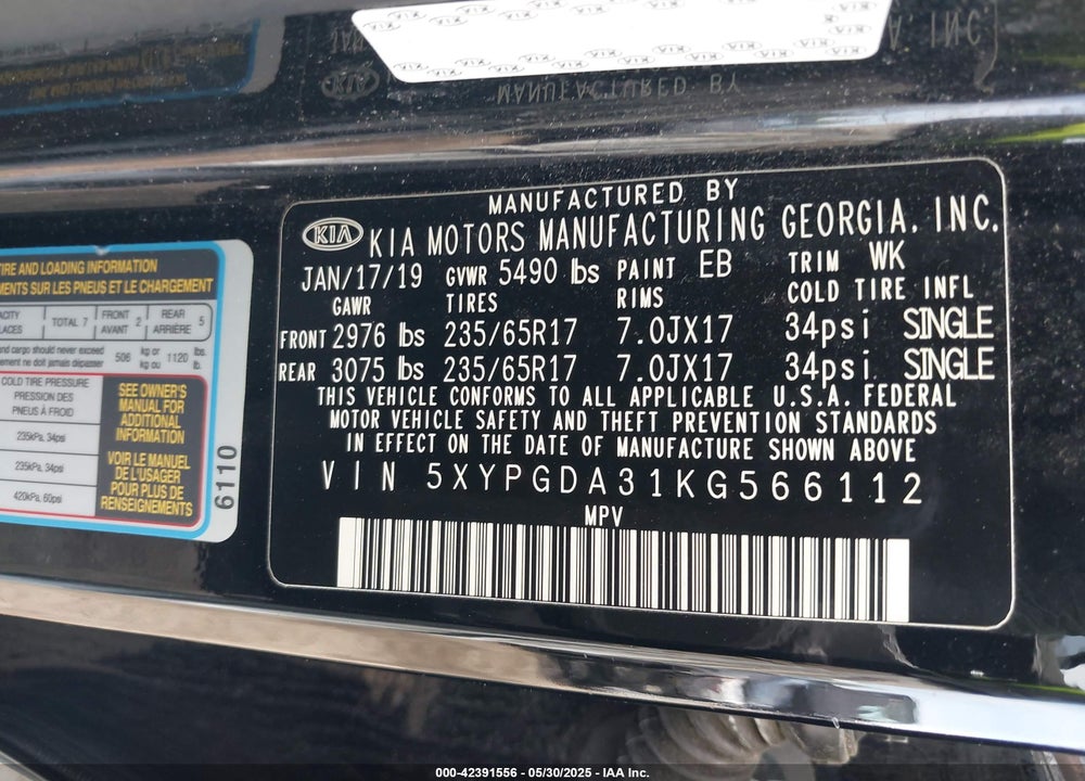 2019 KIA SORENTO VIN: 5XYPGDA31KG566112