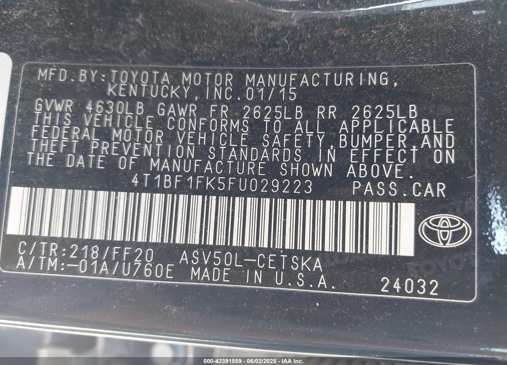 2015 TOYOTA CAMRY VIN: 4T1BF1FK5FU029223