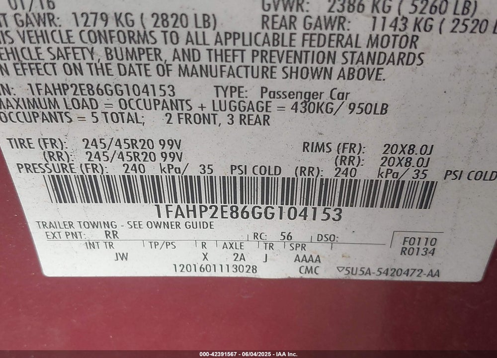2016 FORD TAURUS VIN: 1FAHP2E86GG104153