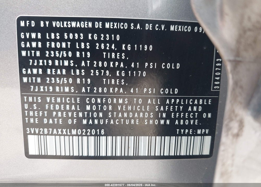 2020 VOLKSWAGEN TIGUAN VIN: 3VV2B7AXXLM022016