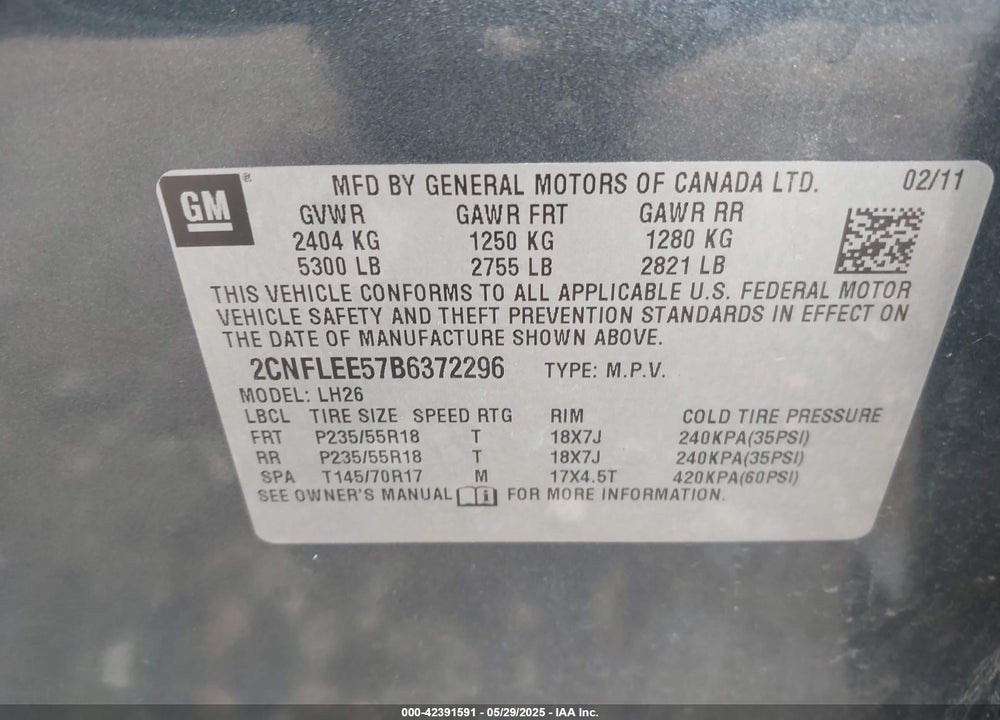 2011 CHEVROLET EQUINOX VIN: 2CNFLEE57B6372296