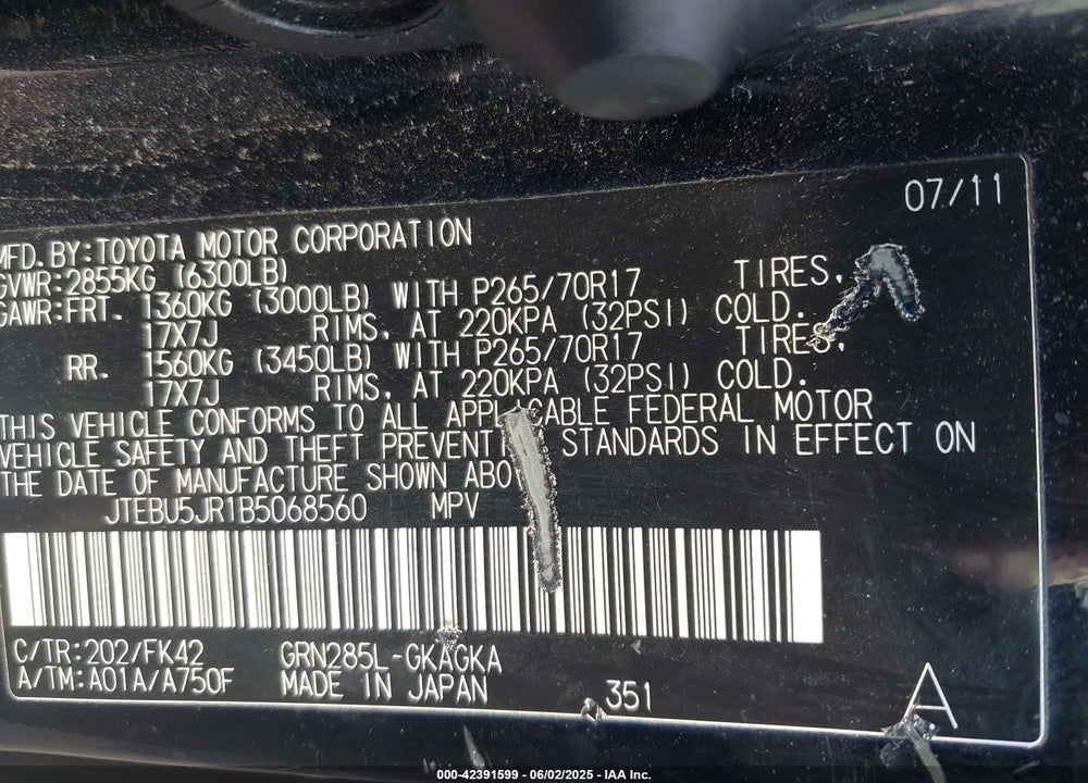 2011 TOYOTA 4RUNNER VIN: JTEBU5JR1B5068560
