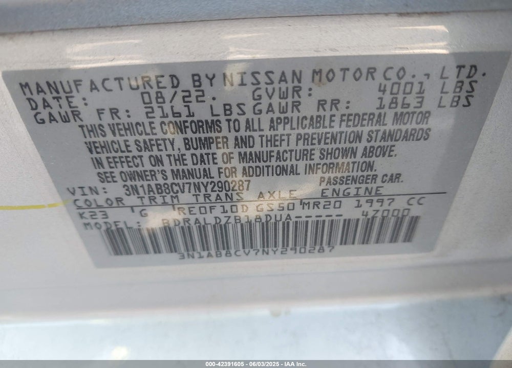 2022 NISSAN SENTRA VIN: 3N1AB8CV7NY290287