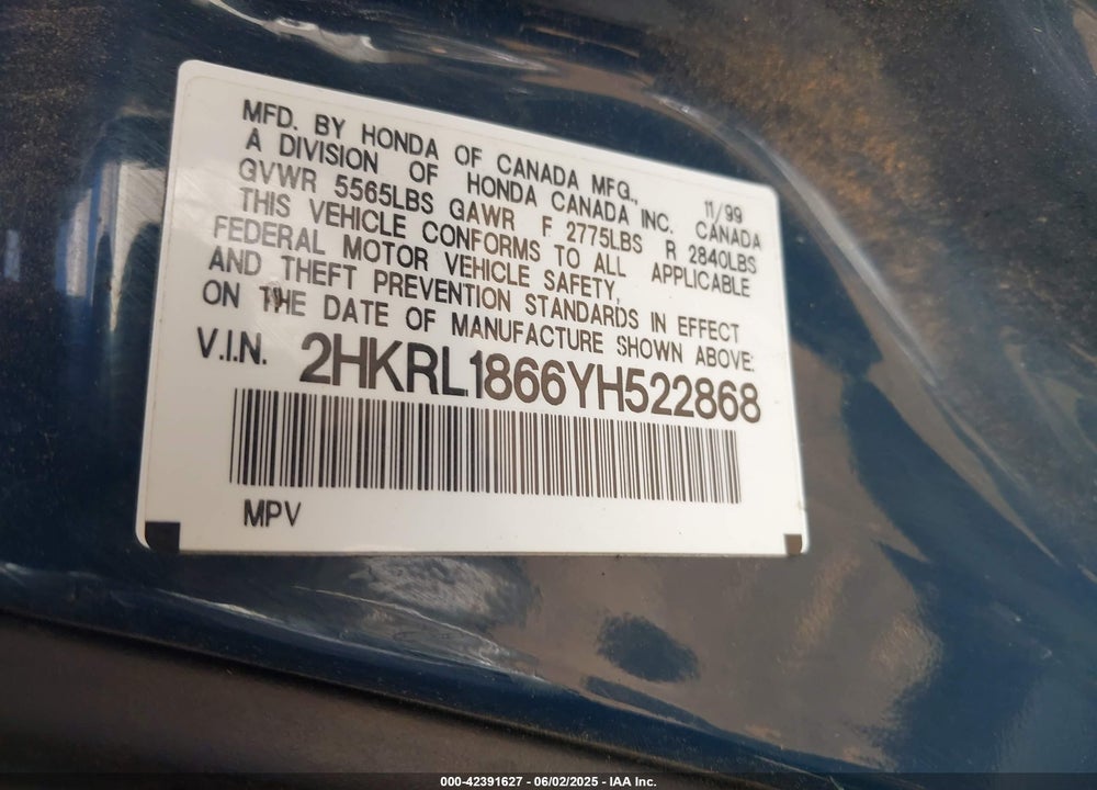 2000 HONDA ODYSSEY EX VIN: 2HKRL1866YH522868