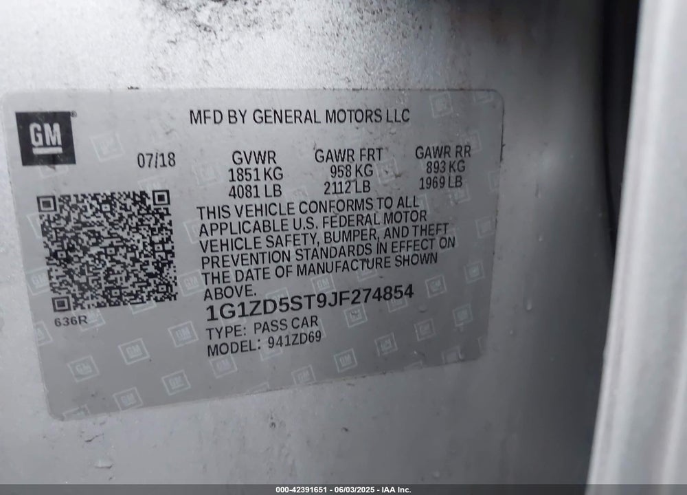 2018 CHEVROLET MALIBU VIN: 1G1ZD5ST9JF274854