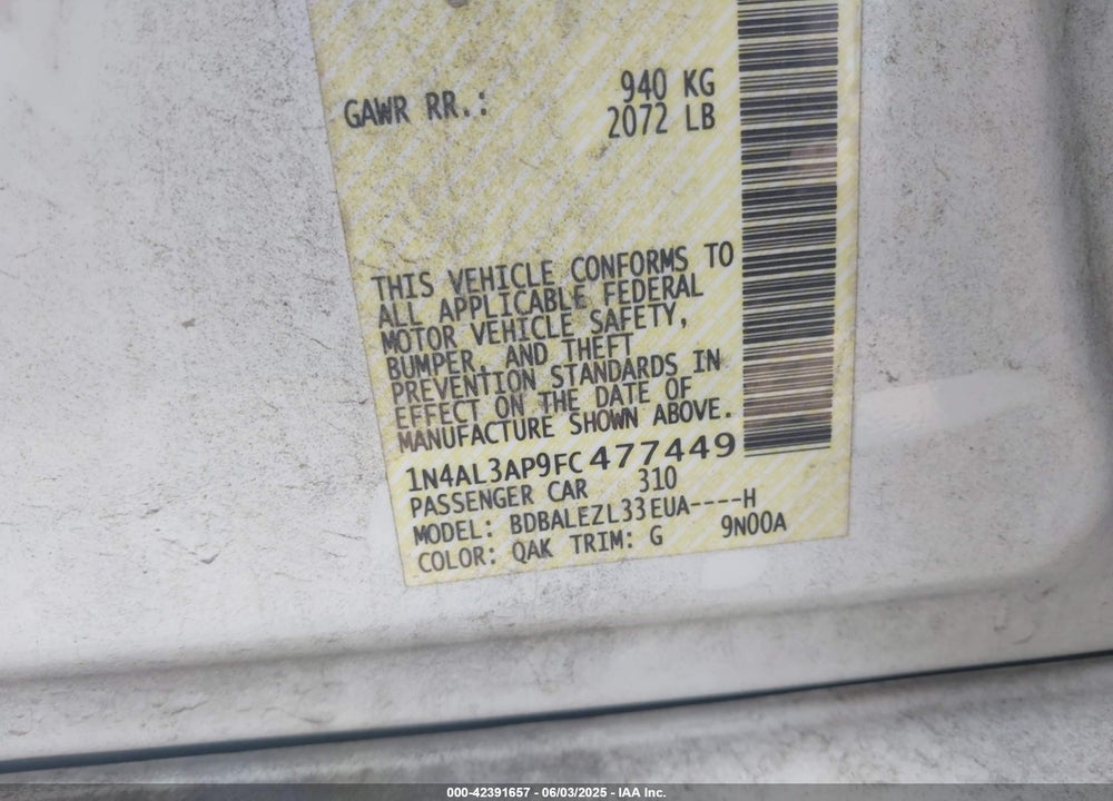 2015 NISSAN ALTIMA VIN: 1N4AL3AP9FC477449