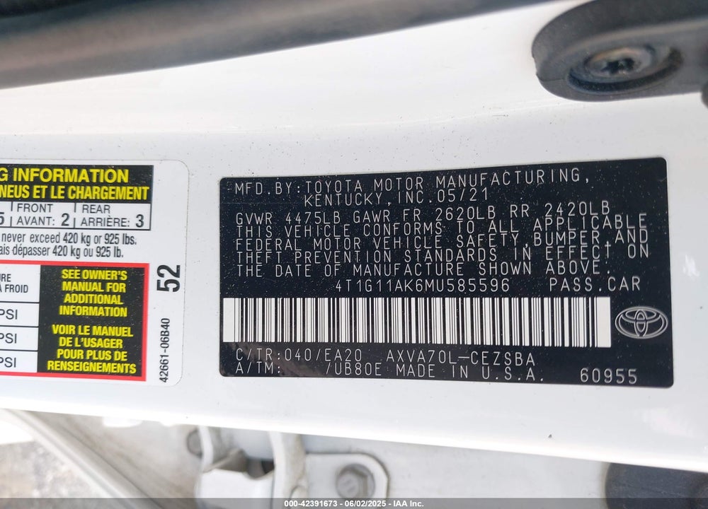 2021 TOYOTA CAMRY VIN: 4T1G11AK6MU585596