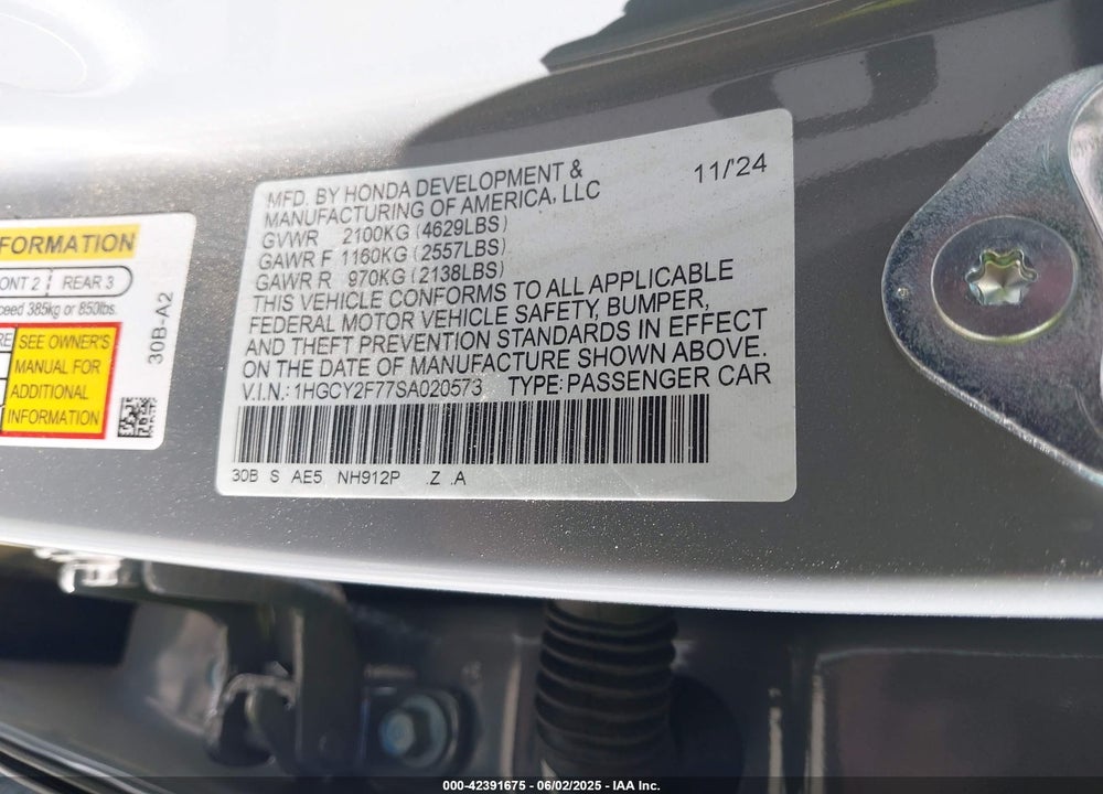 2025 HONDA ACCORD HYBRID SPORT-L VIN: 1HGCY2F77SA020573