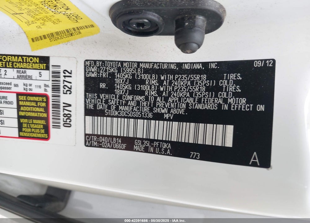 2013 TOYOTA SIENNA XLE 7 PASSENGER VIN: 5TDDK3DC5DS051336