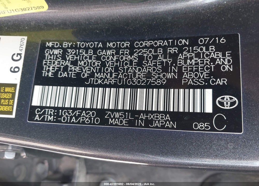 2016 TOYOTA PRIUS VIN: JTDKARFU1G3027589