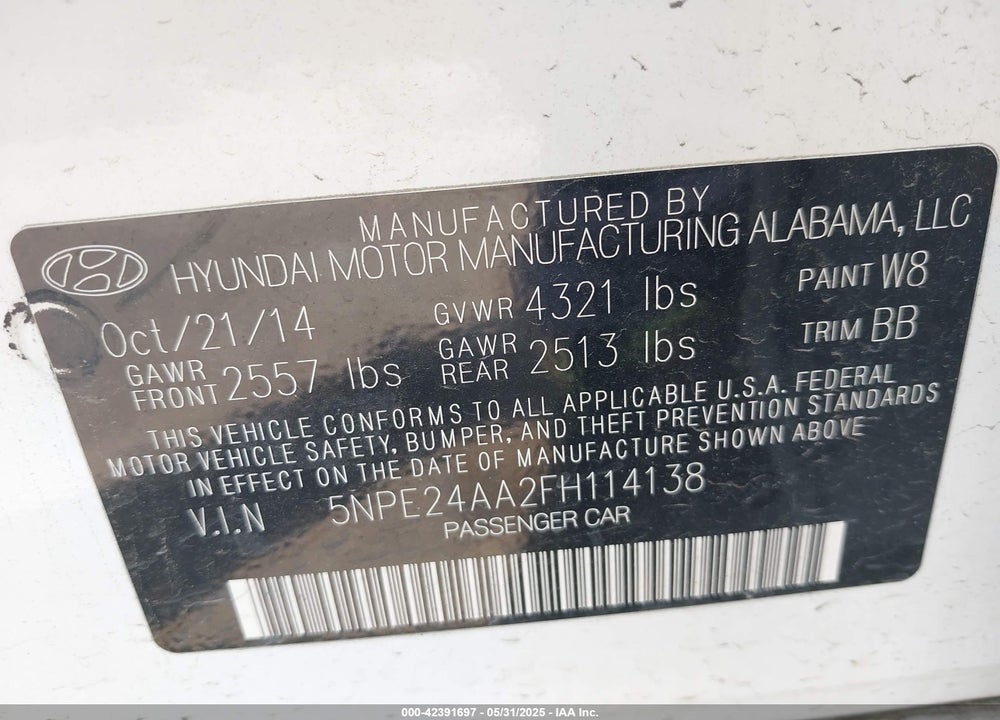 2015 HYUNDAI SONATA VIN: 5NPE24AA2FH114138