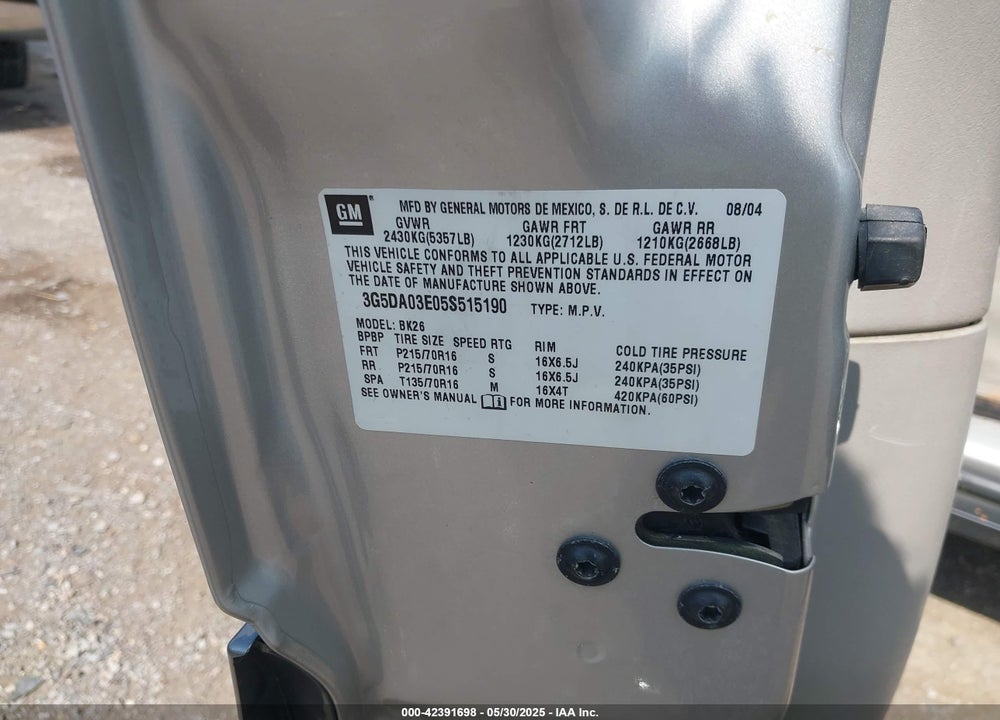 2005 BUICK RENDEZVOUS CX VIN: 3G5DA03E05S515190