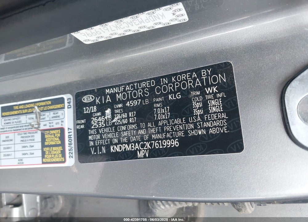 2019 KIA SPORTAGE LX VIN: KNDPM3AC2K7619996