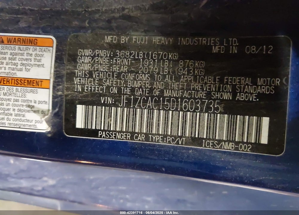 2013 SUBARU BRZ VIN: JF1ZCAC15D1603735