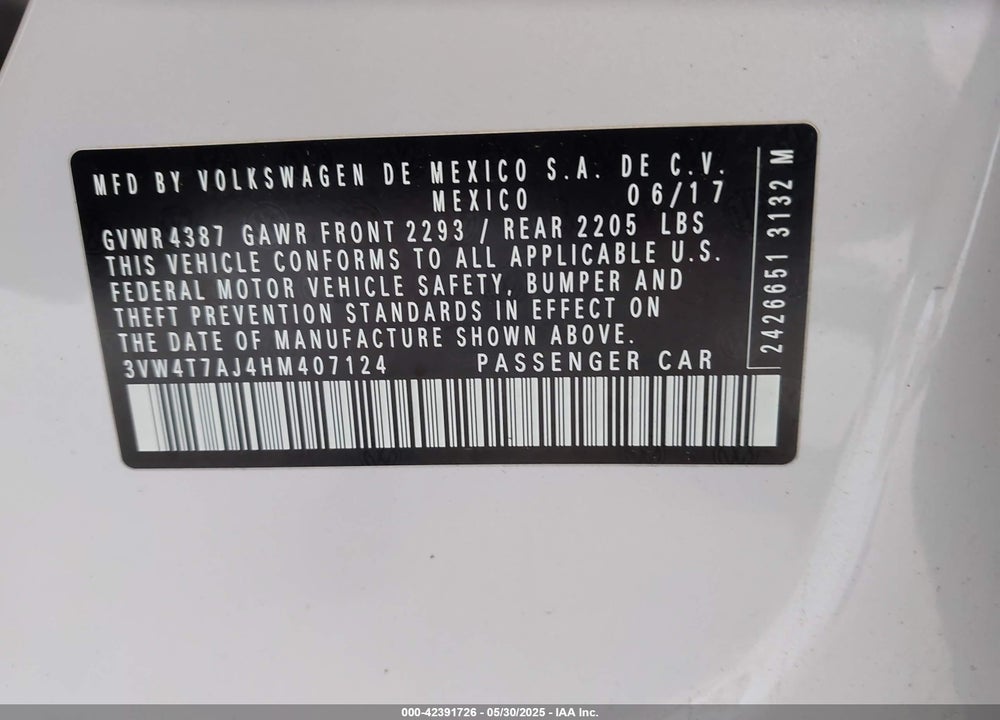 2017 VOLKSWAGEN JETTA GLI VIN: 3VW4T7AJ4HM407124