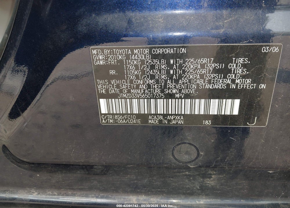 2006 TOYOTA RAV4 VIN: JTMZD33V565017375
