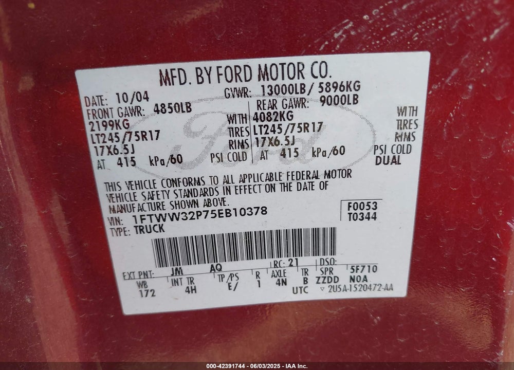 2005 FORD F-350 LARIAT/XL/XLT VIN: 1FTWW32P75EB10378