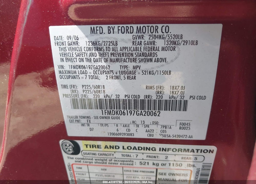 2007 FORD FREESTYLE LIMITED VIN: 1FMDK06197GA20062