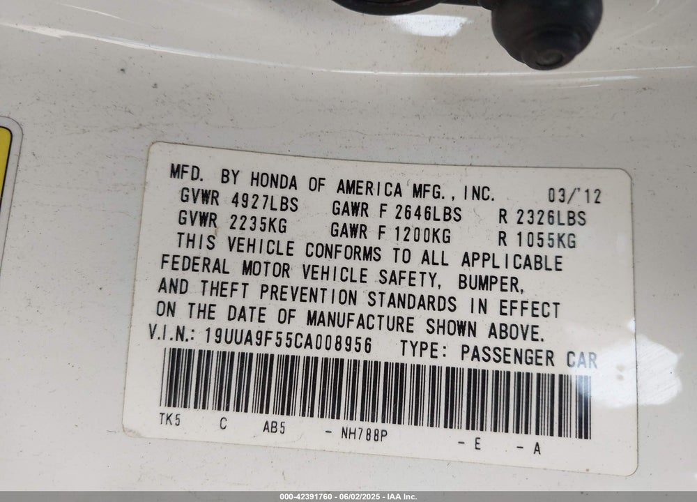 2012 ACURA TL VIN: 19UUA9F55CA008956