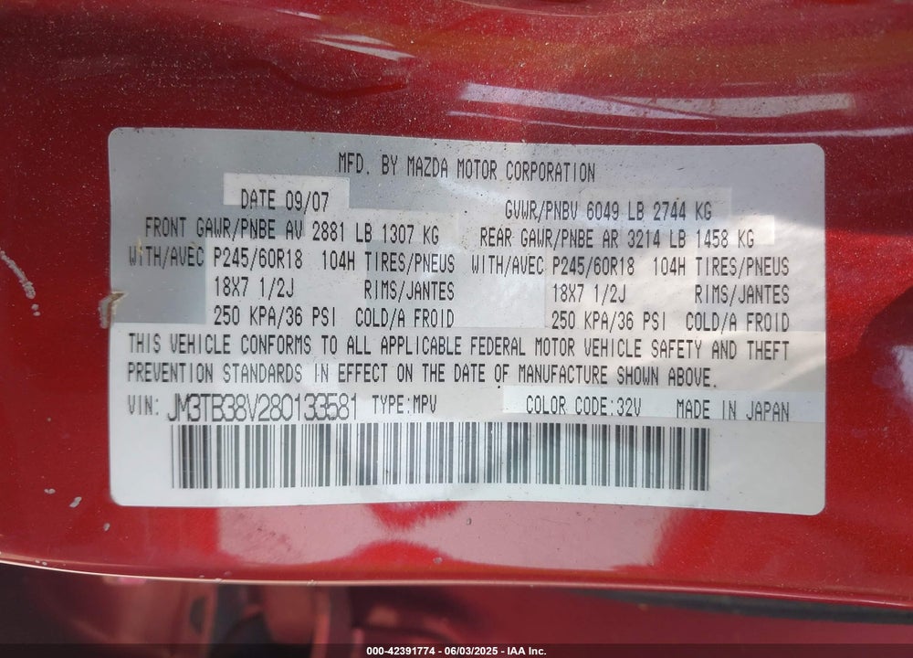 2008 MAZDA CX-9 VIN: JM3TB38V280133581