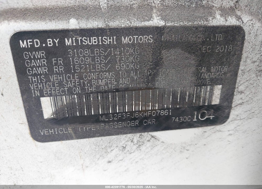 2019 MITSUBISHI MIRAGE G4 ES VIN: ML32F3FJ6KHF07861