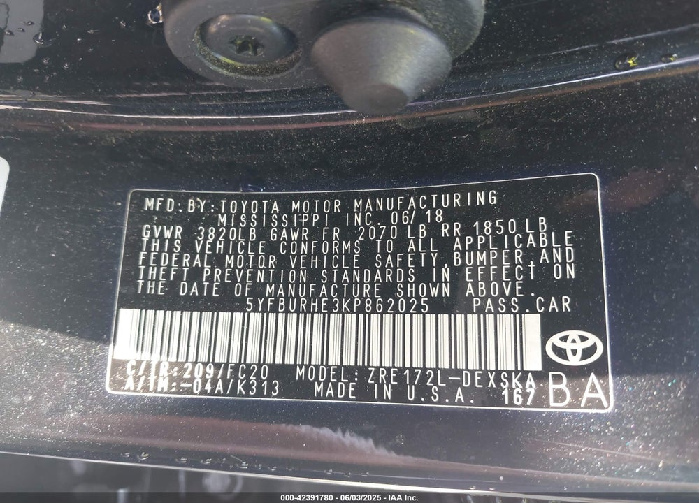 2019 TOYOTA COROLLA SE VIN: 5YFBURHE3KP862025